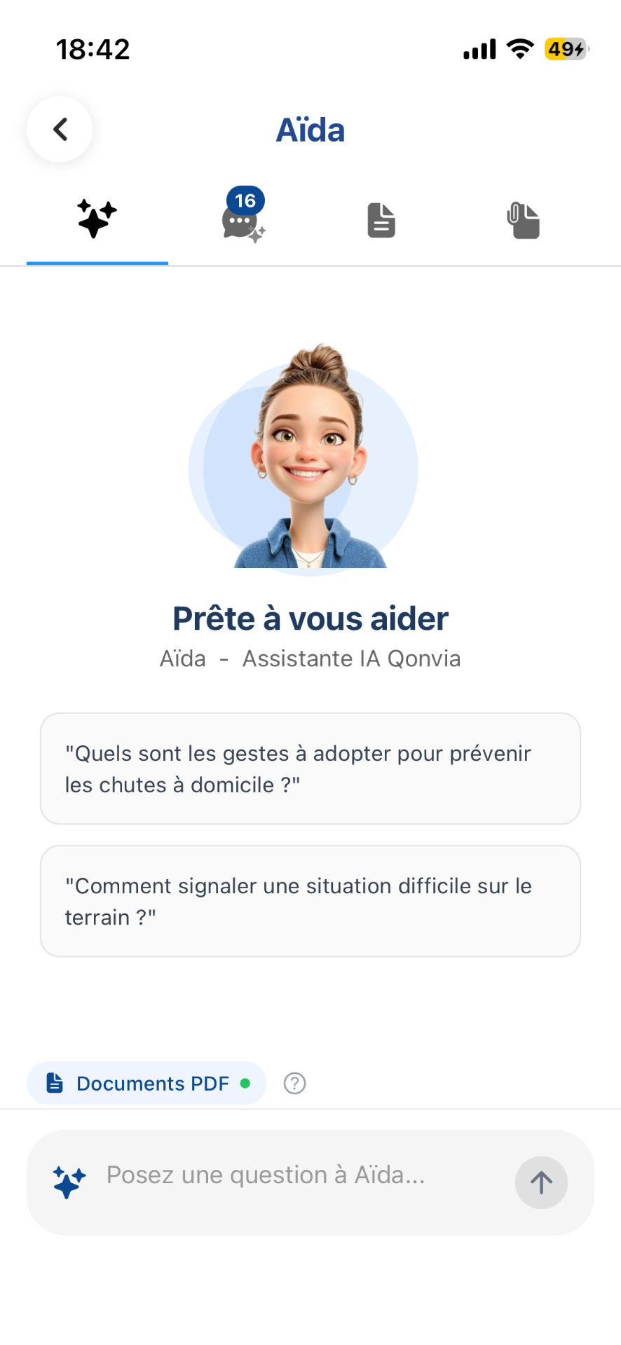 Aïda, l'assistante IA Qonvia, dans l'application mobile
